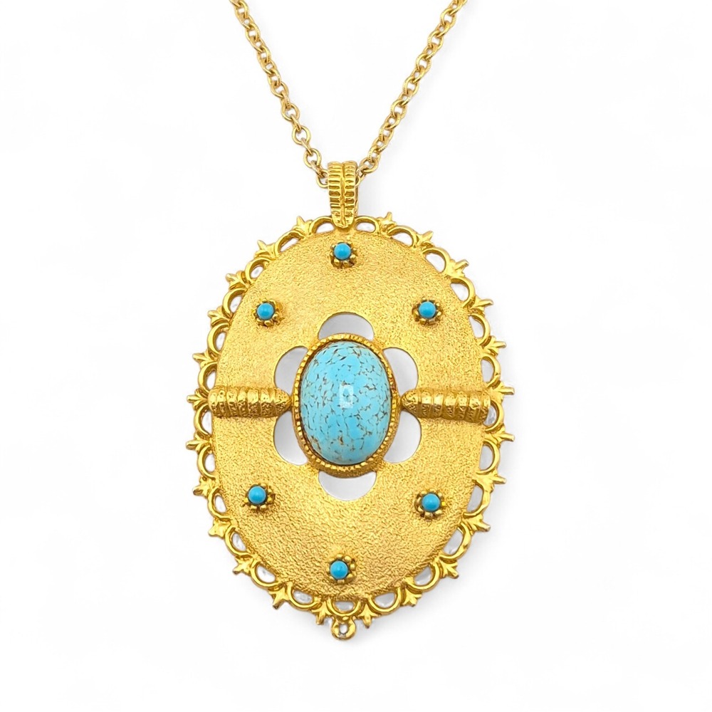 1960s Vintage Gold Tone Necklace Faux Turquoise Large Statement Etruscan Revival
